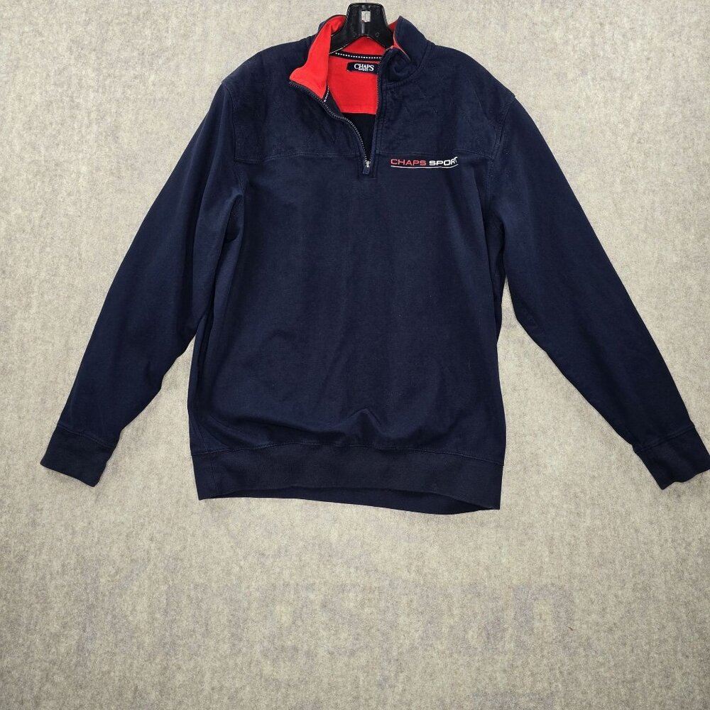 Chaps Mens Pullover Quarter-Zip Sweatshirt Navy Blue Red XL Cotton Blend Sport